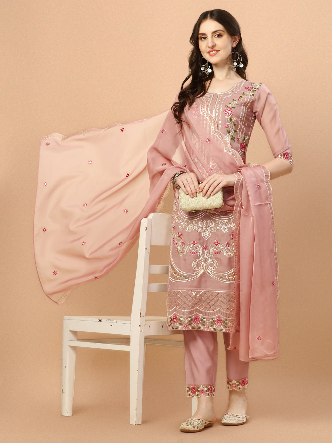 Embroidered Pakistani Kurta With Pant & Dupatta Set, Multicolor - Hiral Fashion - Distacart