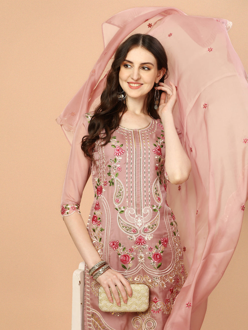 Embroidered Pakistani Kurta With Pant & Dupatta Set, Multicolor - Hiral Fashion - Distacart