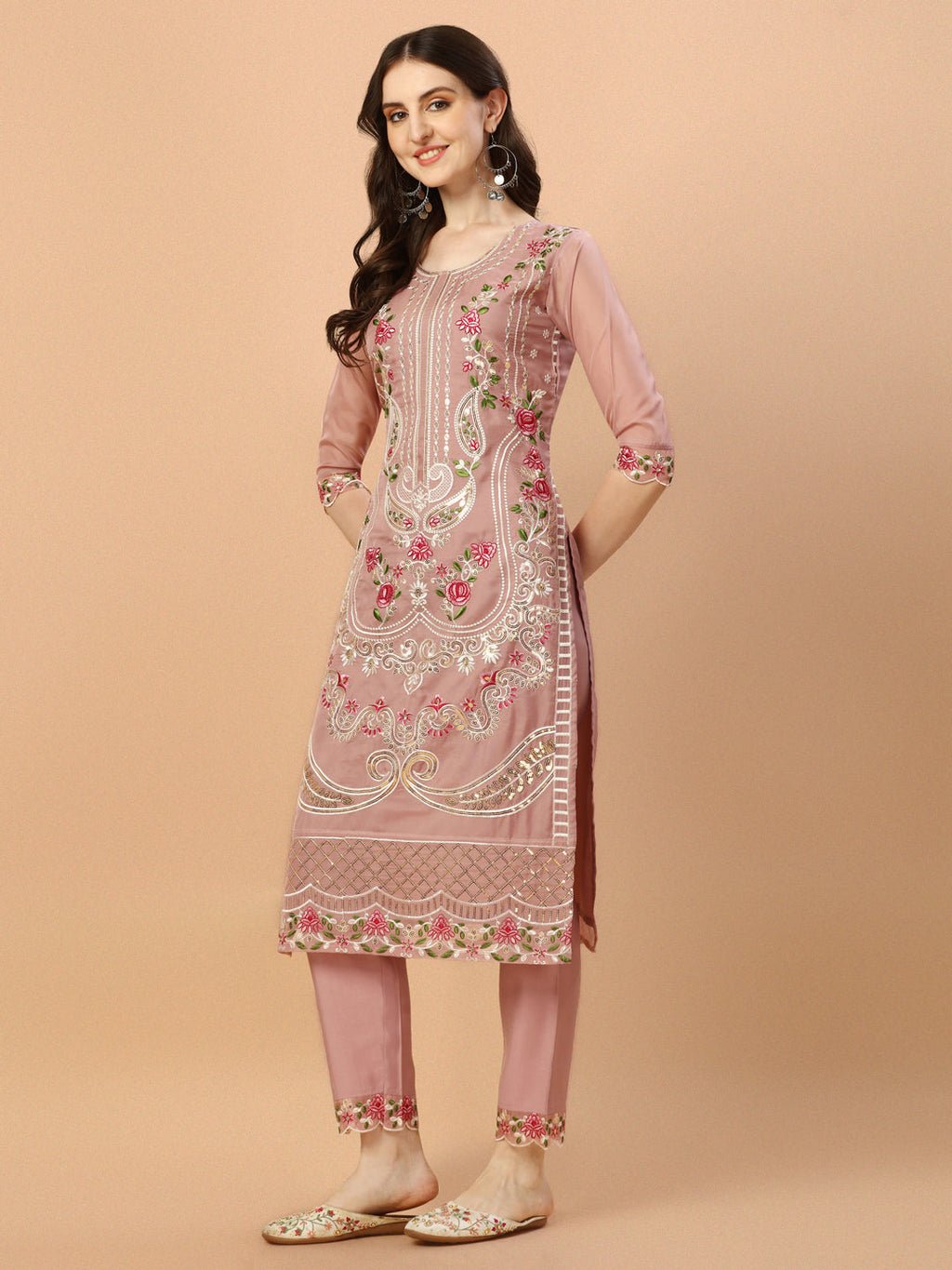 Embroidered Pakistani Kurta With Pant & Dupatta Set, Multicolor - Hiral Fashion - Distacart