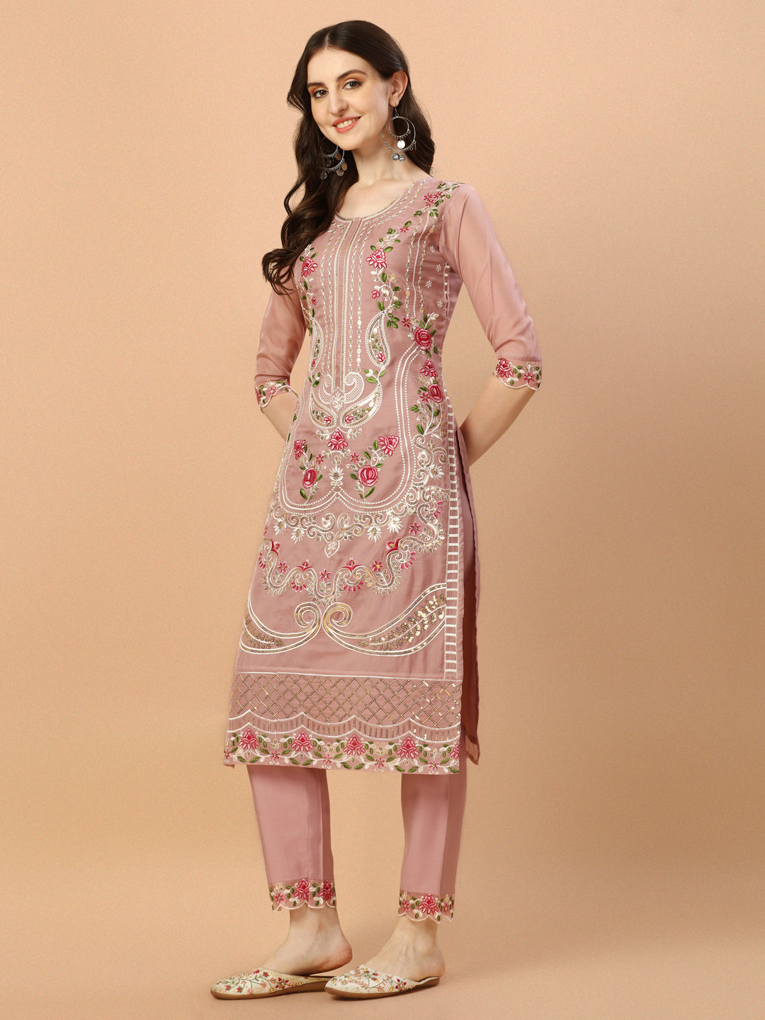 Embroidered Pakistani Kurta With Pant & Dupatta Set, Multicolor - Hiral Fashion - Distacart