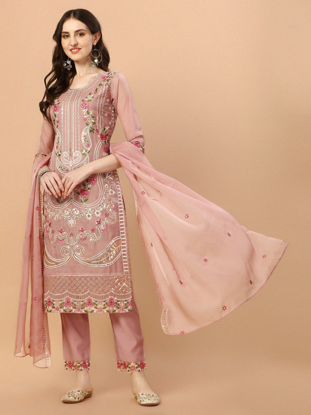 Embroidered Pakistani Kurta With Pant & Dupatta Set, Multicolor - Hiral Fashion - Distacart