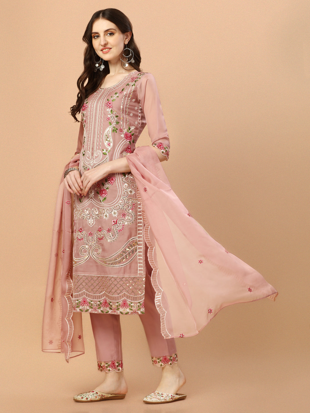 Embroidered Pakistani Kurta With Pant & Dupatta Set, Multicolor - Hiral Fashion - Distacart