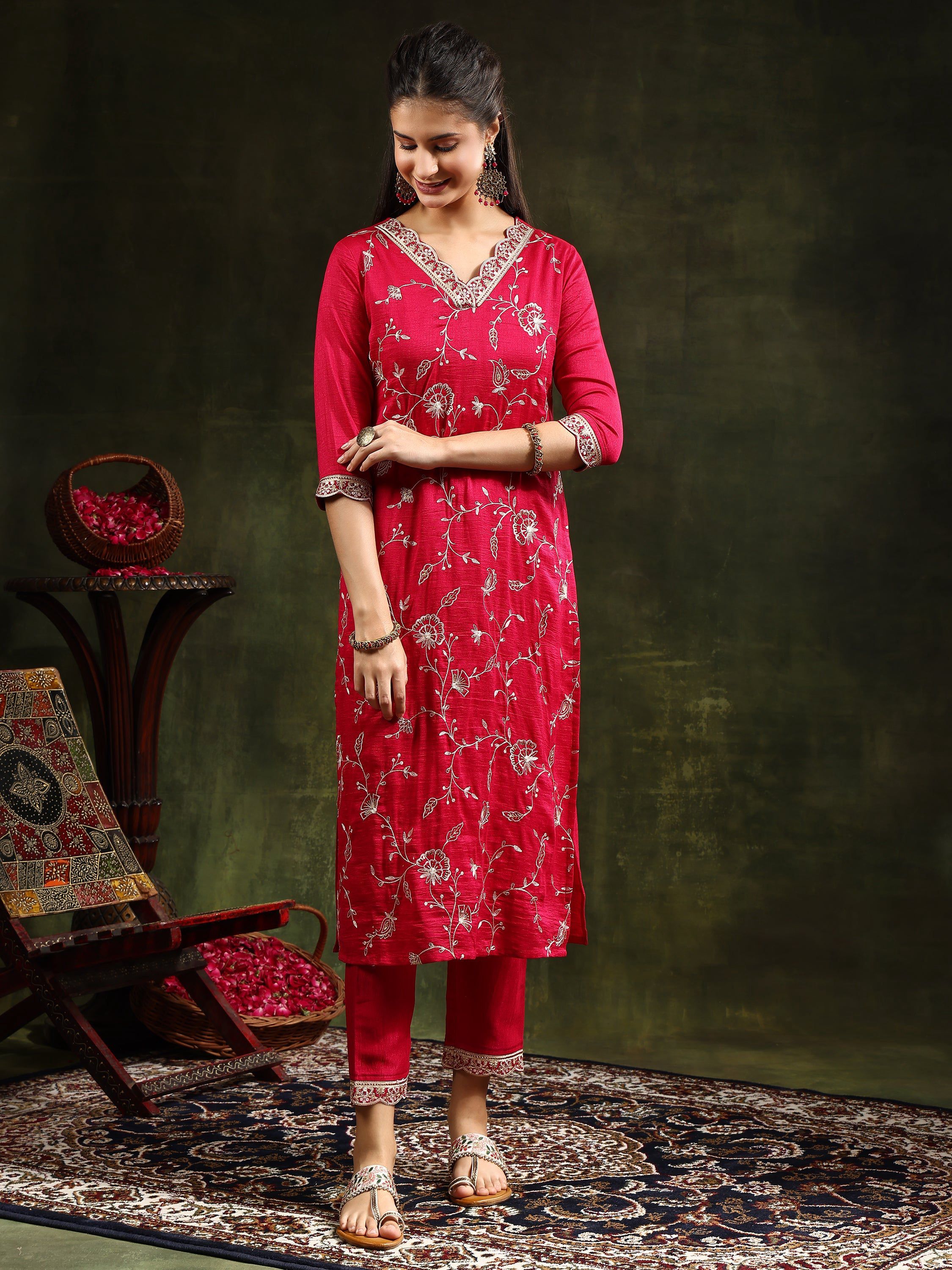 Sequined Embroidered Kurta With Pant & Embroidered Dupatta, Pink - Hiral Fashion - Distacart