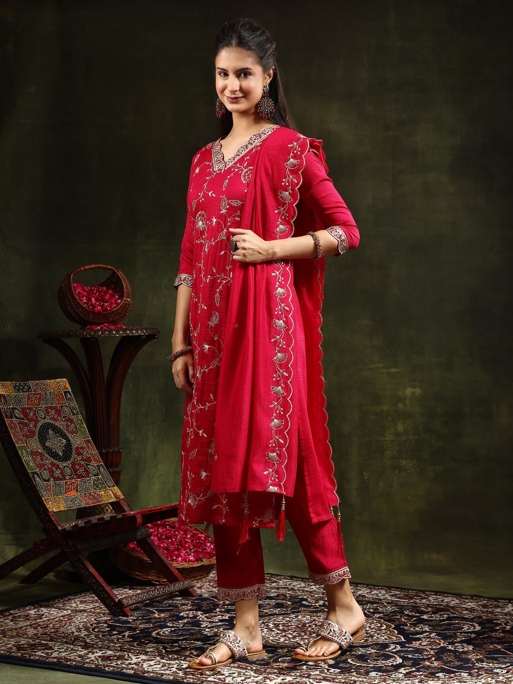 Sequined Embroidered Kurta With Pant & Embroidered Dupatta, Pink - Hiral Fashion - Distacart
