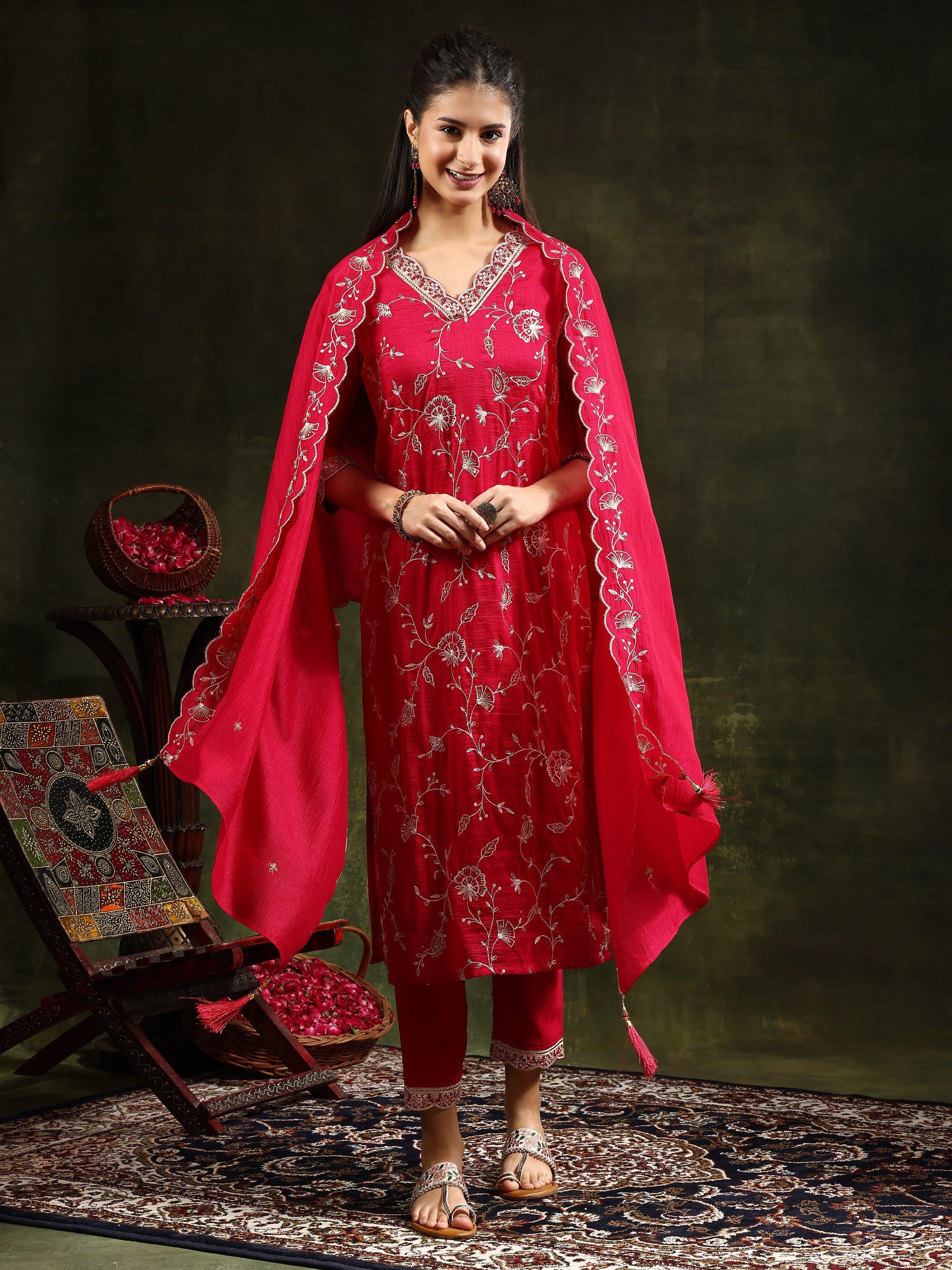 Sequined Embroidered Kurta With Pant & Embroidered Dupatta, Pink - Hiral Fashion - Distacart