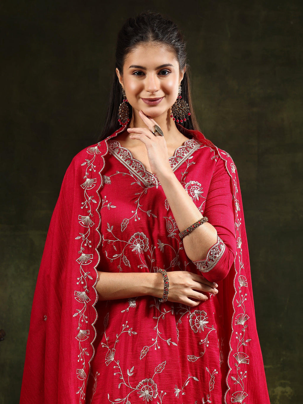 Sequined Embroidered Kurta With Pant & Embroidered Dupatta, Pink - Hiral Fashion - Distacart