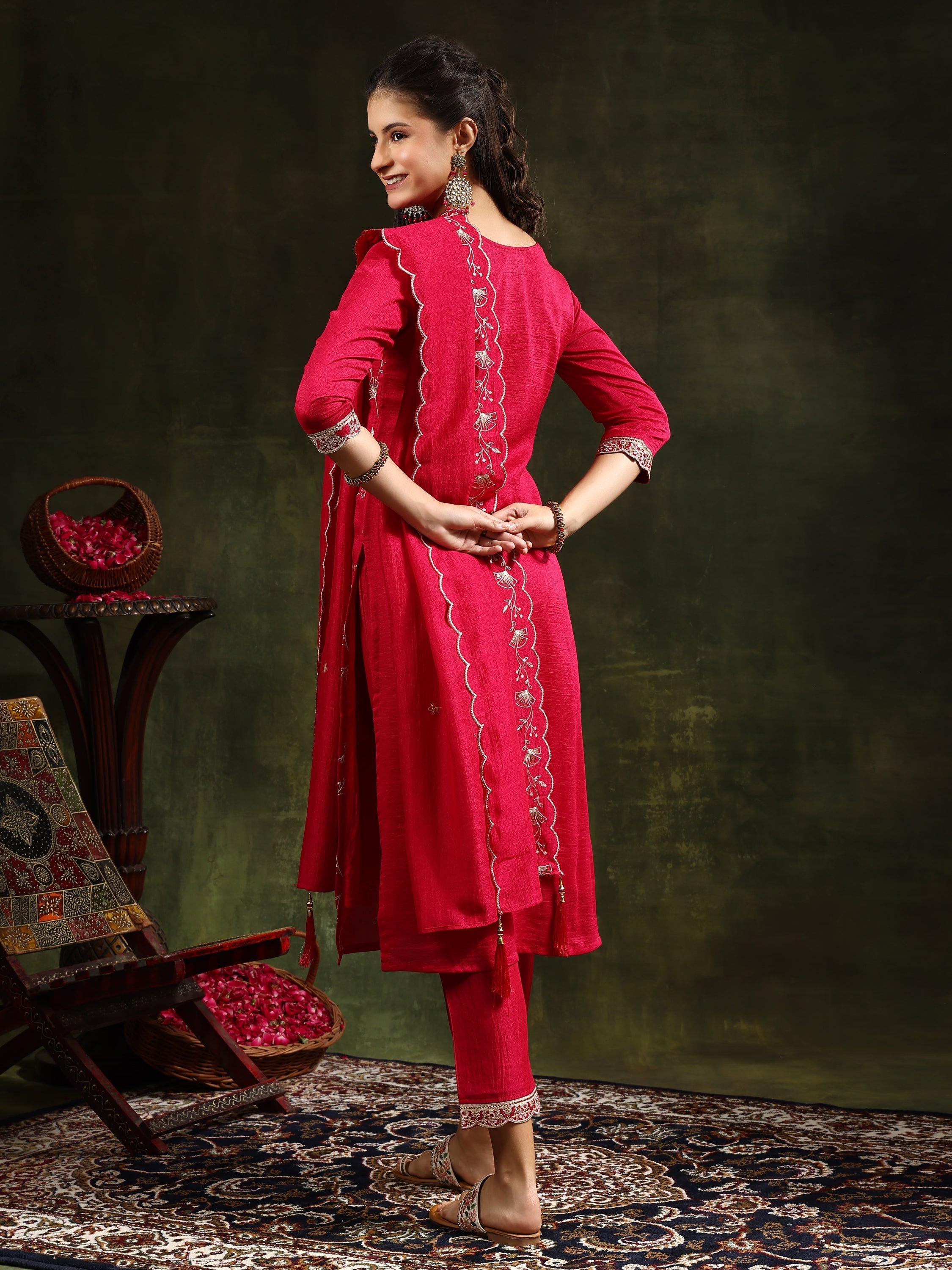 Sequined Embroidered Kurta With Pant & Embroidered Dupatta, Pink - Hiral Fashion - Distacart