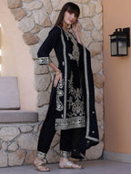 Pakistani Embroidered Kurta With Pant & Dupatta, Black - Hiral Fashion - Distacart