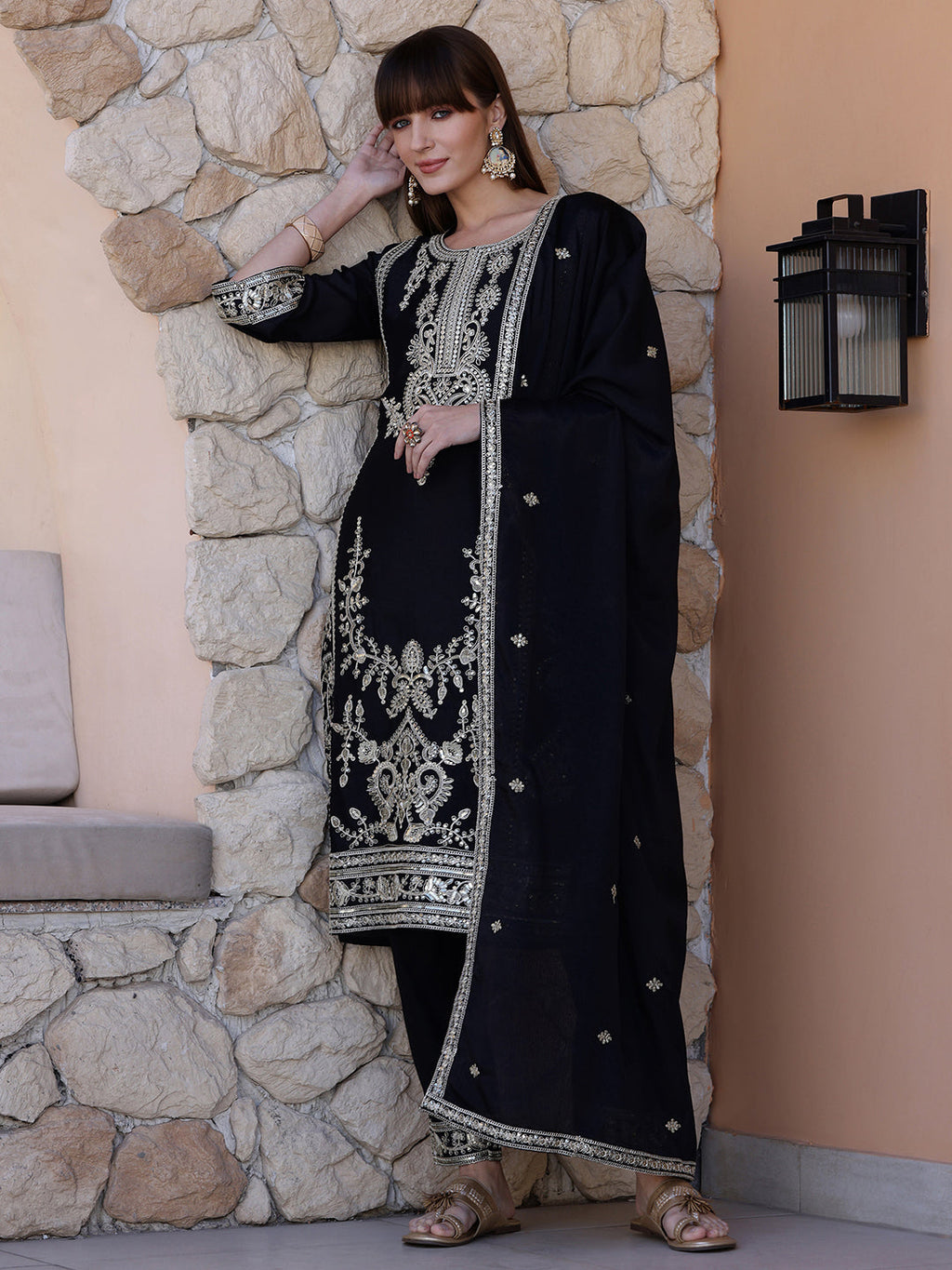 Pakistani Embroidered Kurta With Pant & Dupatta, Black - Hiral Fashion - Distacart