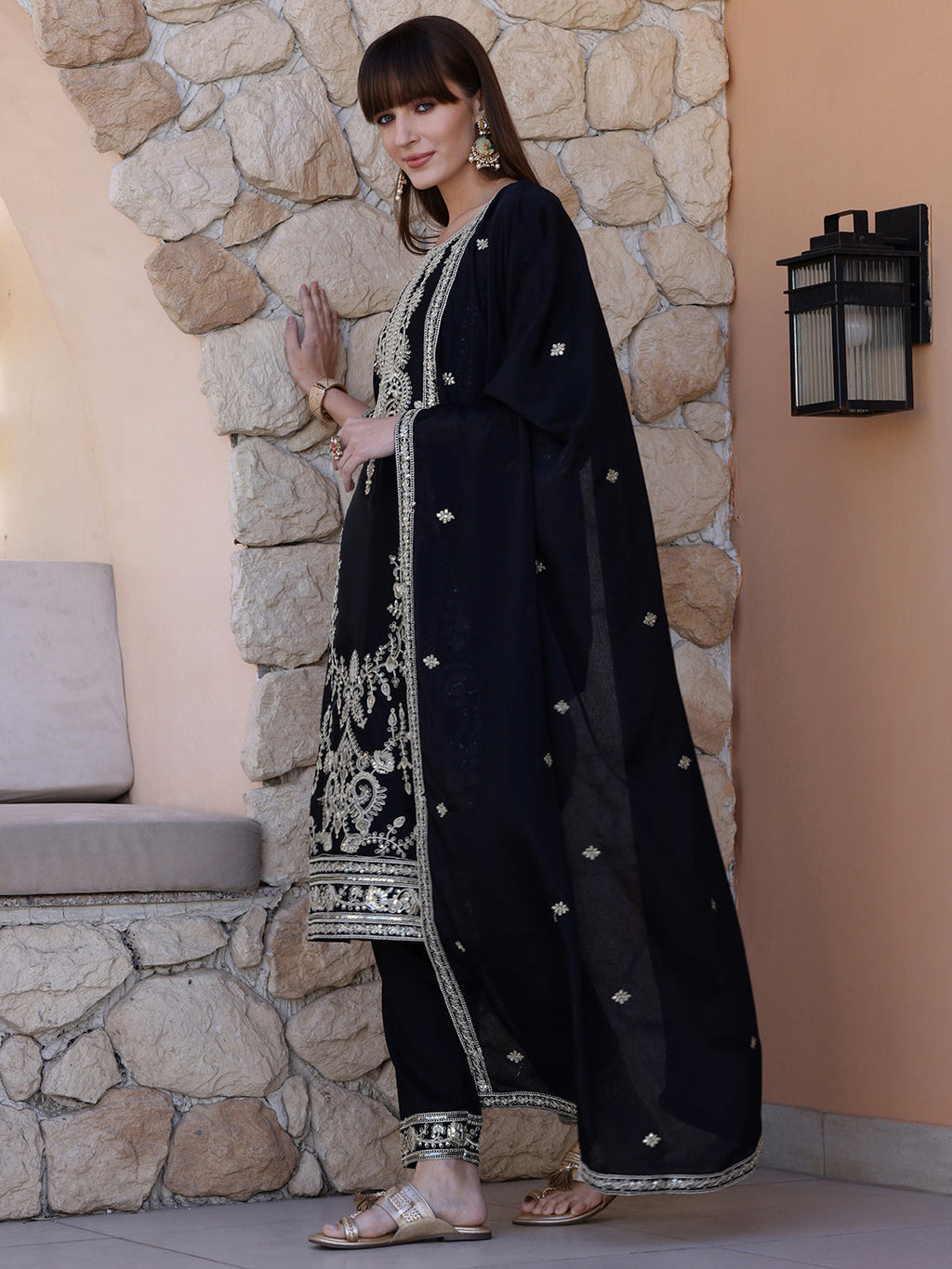 Pakistani Embroidered Kurta With Pant & Dupatta, Black - Hiral Fashion - Distacart