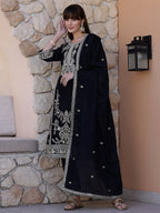 Pakistani Embroidered Kurta With Pant & Dupatta, Black - Hiral Fashion - Distacart