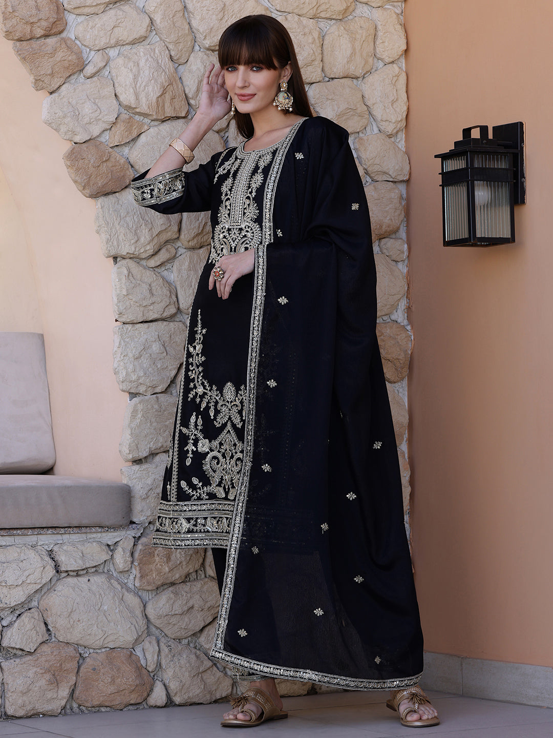 Pakistani Embroidered Kurta With Pant & Dupatta, Black - Hiral Fashion - Distacart