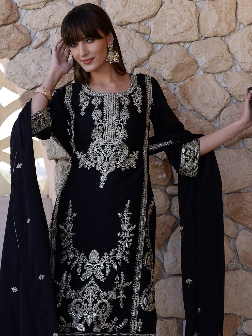 Pakistani Embroidered Kurta With Pant & Dupatta, Black - Hiral Fashion - Distacart