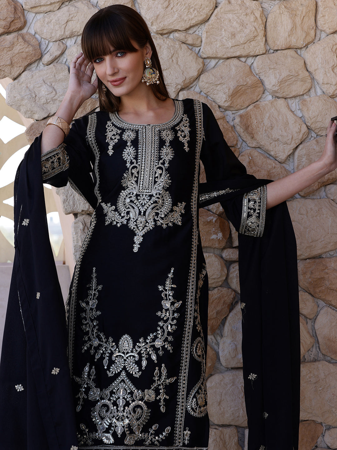 Pakistani Embroidered Kurta With Pant & Dupatta, Black - Hiral Fashion - Distacart