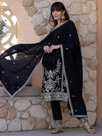 Pakistani Embroidered Kurta With Pant & Dupatta, Black - Hiral Fashion - Distacart
