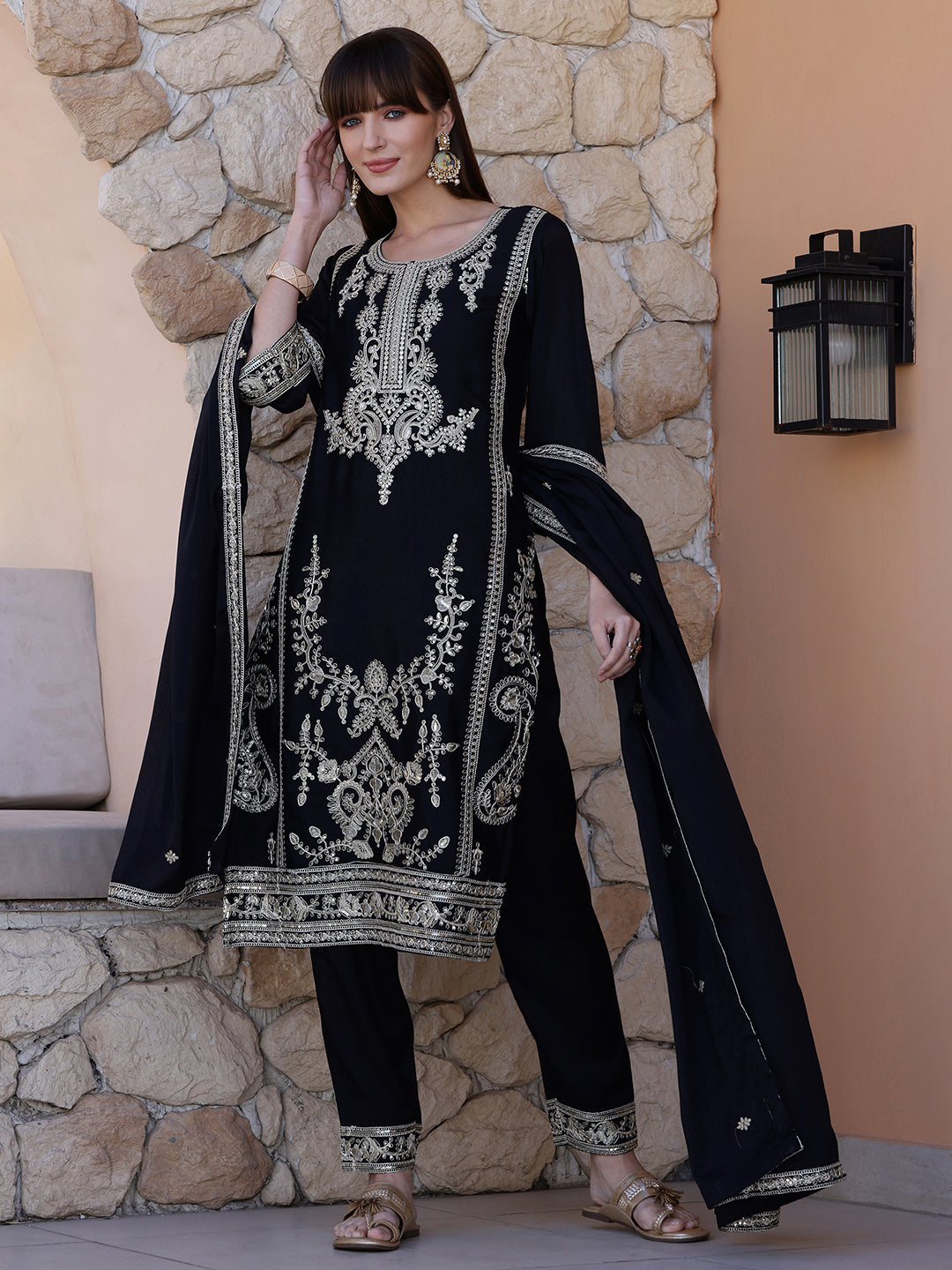 Pakistani Embroidered Kurta With Pant & Dupatta, Black - Hiral Fashion - Distacart