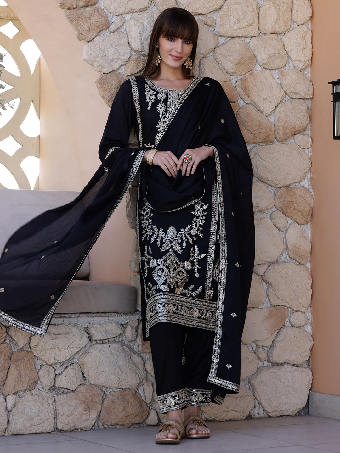 Pakistani Embroidered Kurta With Pant & Dupatta, Black - Hiral Fashion - Distacart