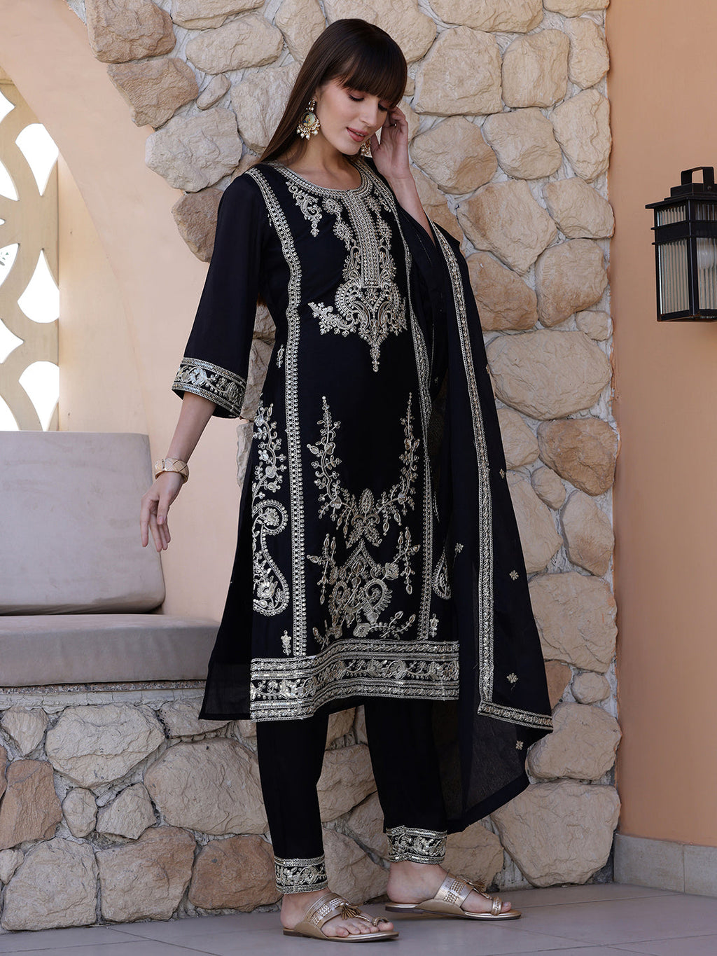 Pakistani Embroidered Kurta With Pant & Dupatta, Black - Hiral Fashion - Distacart