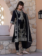 Pakistani Embroidered Kurta With Pant & Dupatta, Black - Hiral Fashion - Distacart