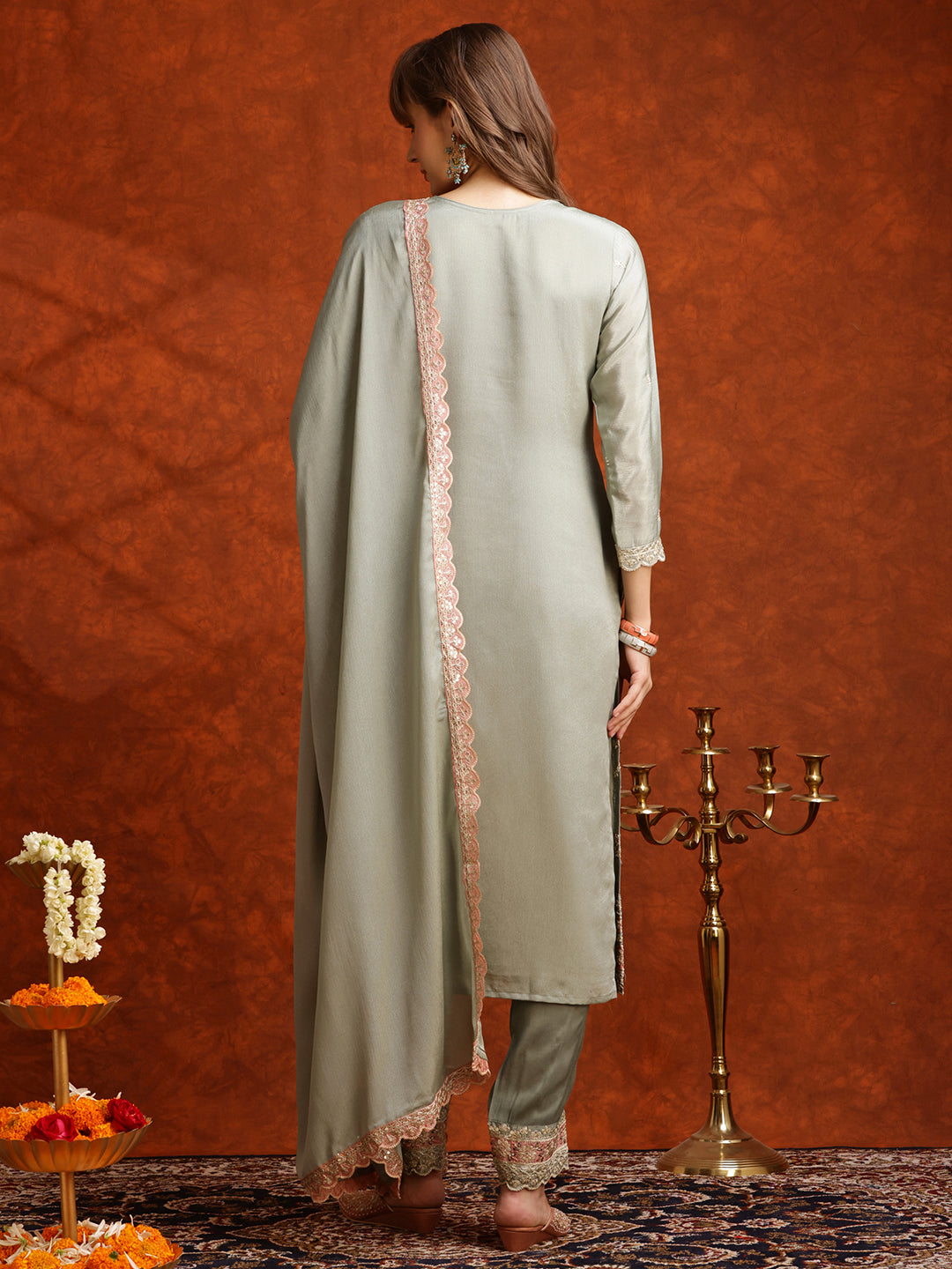 Pakistani Embroidered Kurta With Pant & Embroidered Dupatta, Green - Hiral Fashion - Distacart
