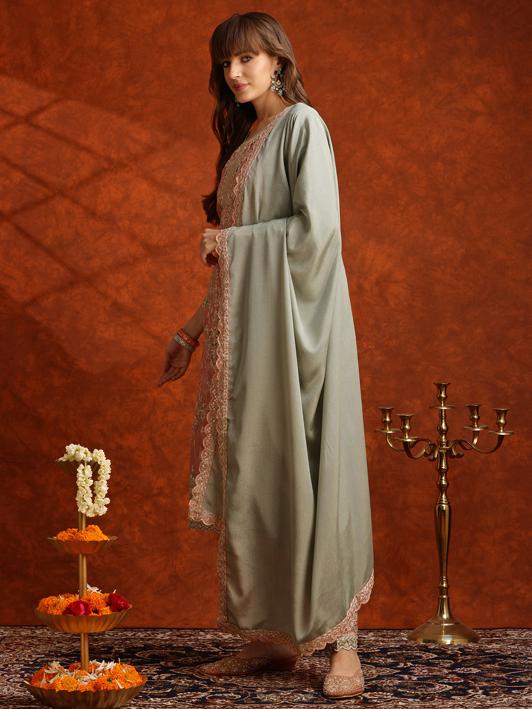 Pakistani Embroidered Kurta With Pant & Embroidered Dupatta, Green - Hiral Fashion - Distacart