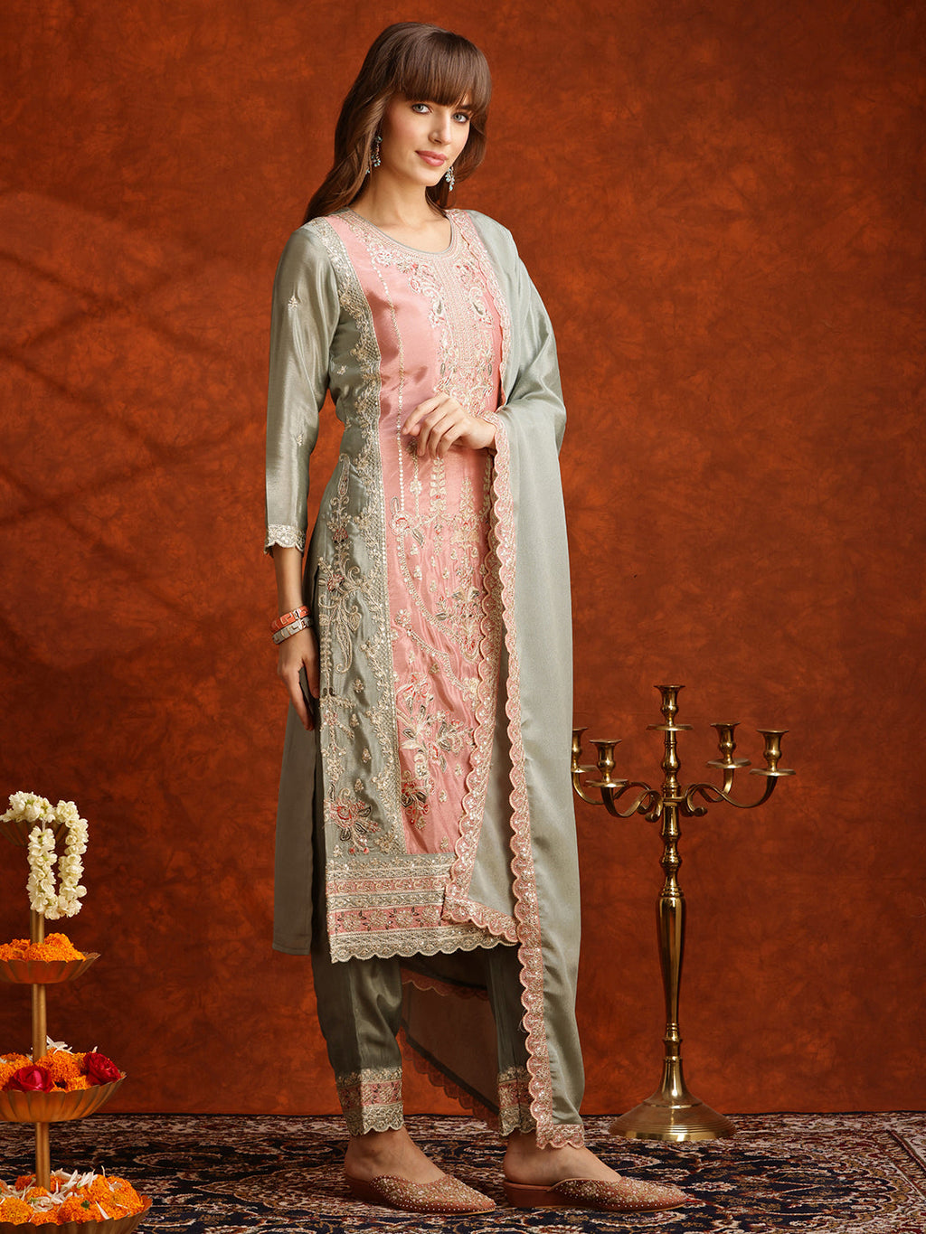 Pakistani Embroidered Kurta With Pant & Embroidered Dupatta, Green - Hiral Fashion - Distacart