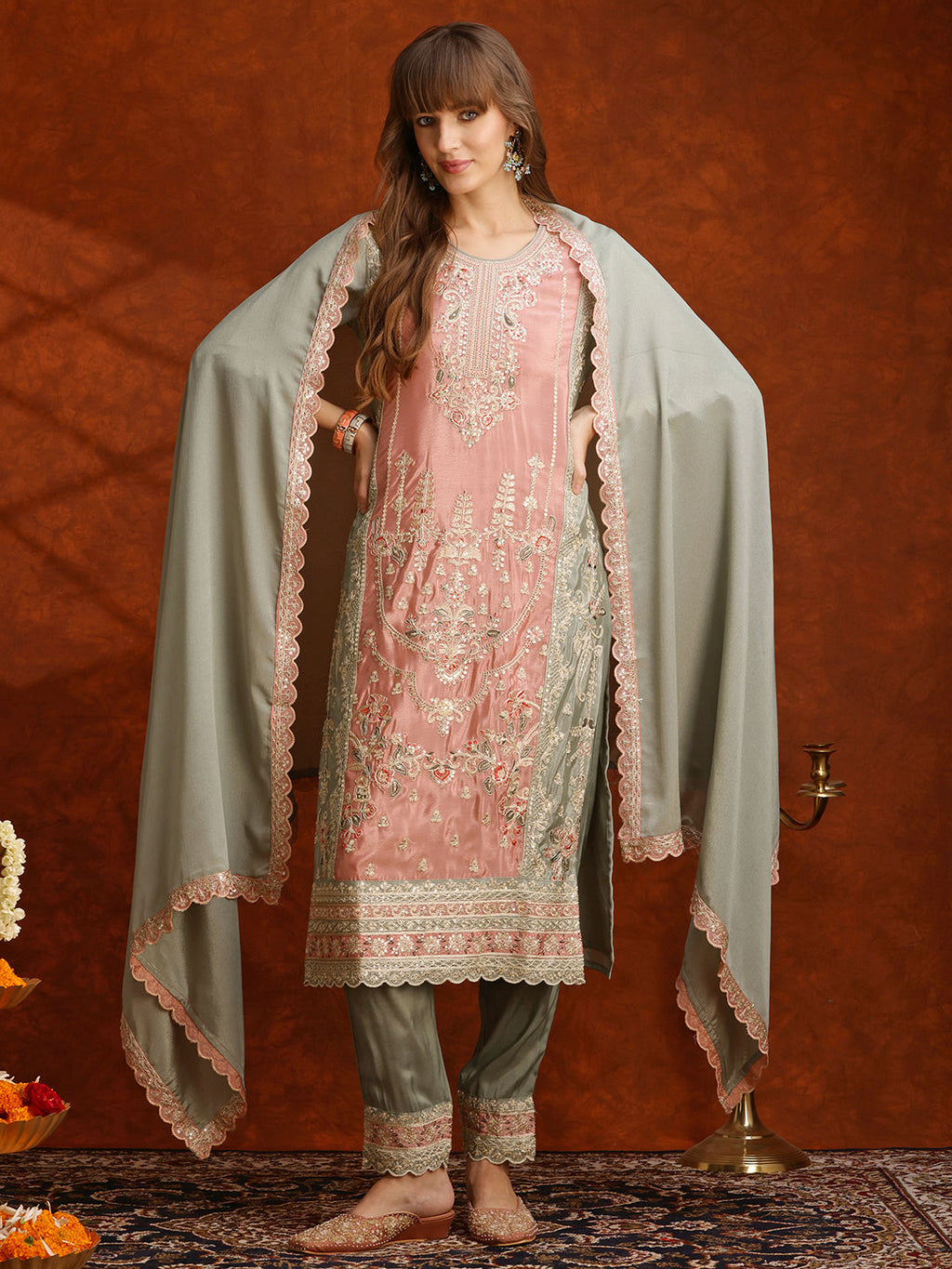 Pakistani Embroidered Kurta With Pant & Embroidered Dupatta, Green - Hiral Fashion - Distacart