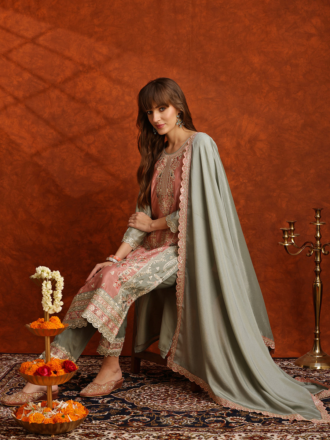 Pakistani Embroidered Kurta With Pant & Embroidered Dupatta, Green - Hiral Fashion - Distacart