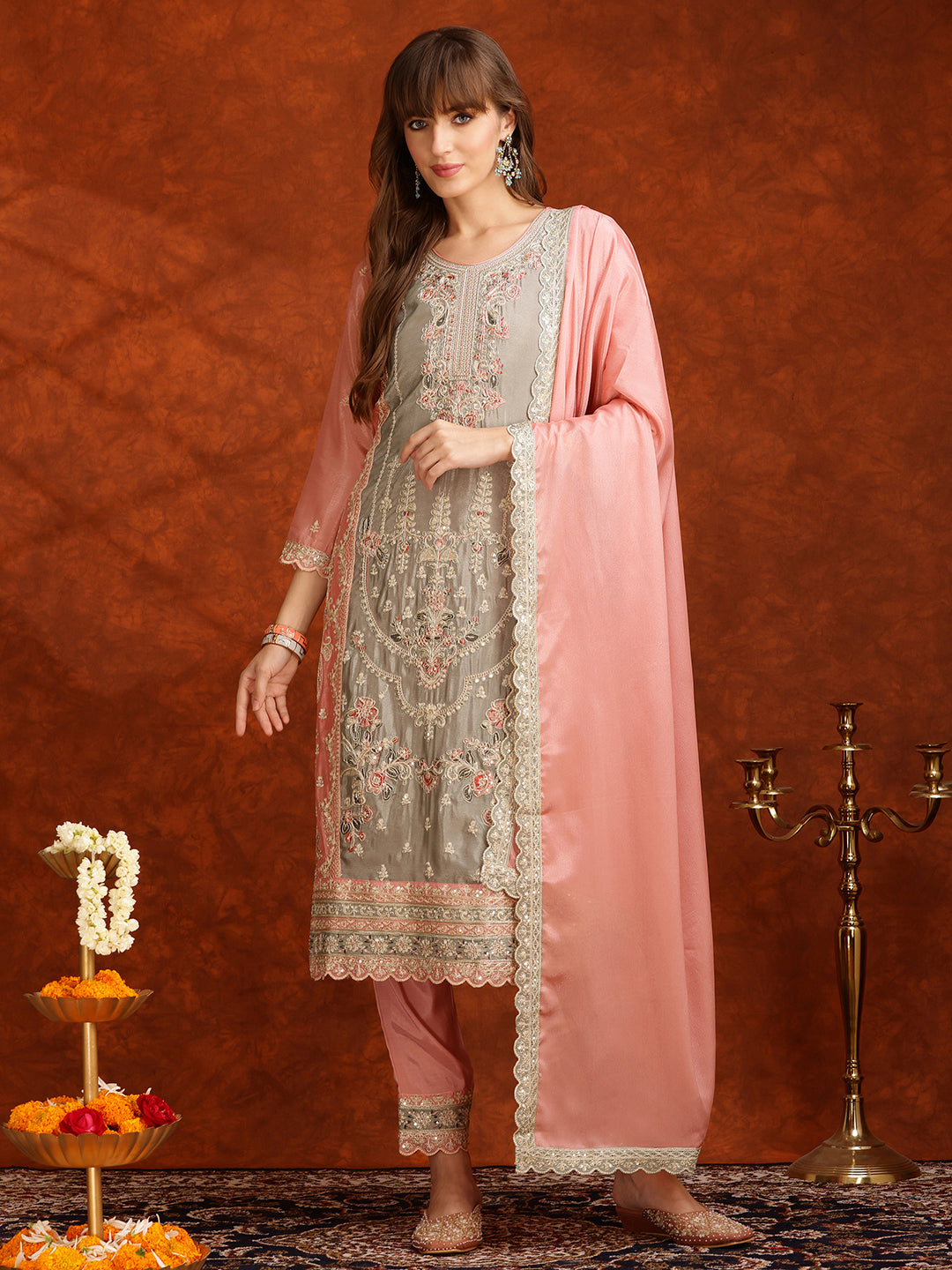 Pakistani Embroidered Kurta With Pant & Embroidered Dupatta, Pink - Hiral Fashion - Distacart