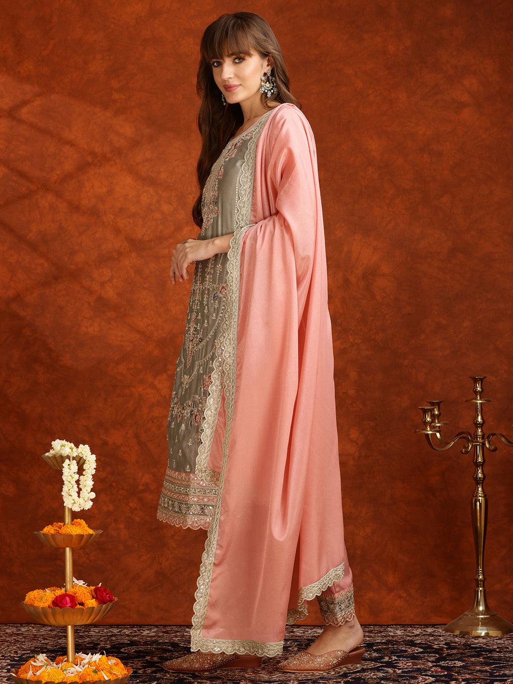 Pakistani Embroidered Kurta With Pant & Embroidered Dupatta, Pink - Hiral Fashion - Distacart
