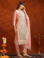 Pakistani Embroidered Kurta With Pant & Embroidered Dupatta, Pink - Hiral Fashion - Distacart