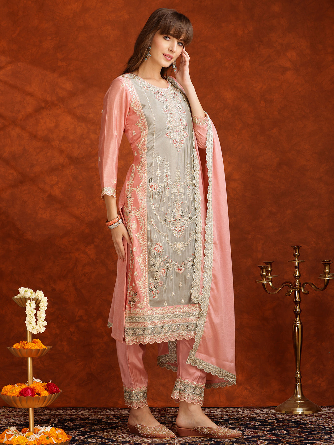 Pakistani Embroidered Kurta With Pant & Embroidered Dupatta, Pink - Hiral Fashion - Distacart