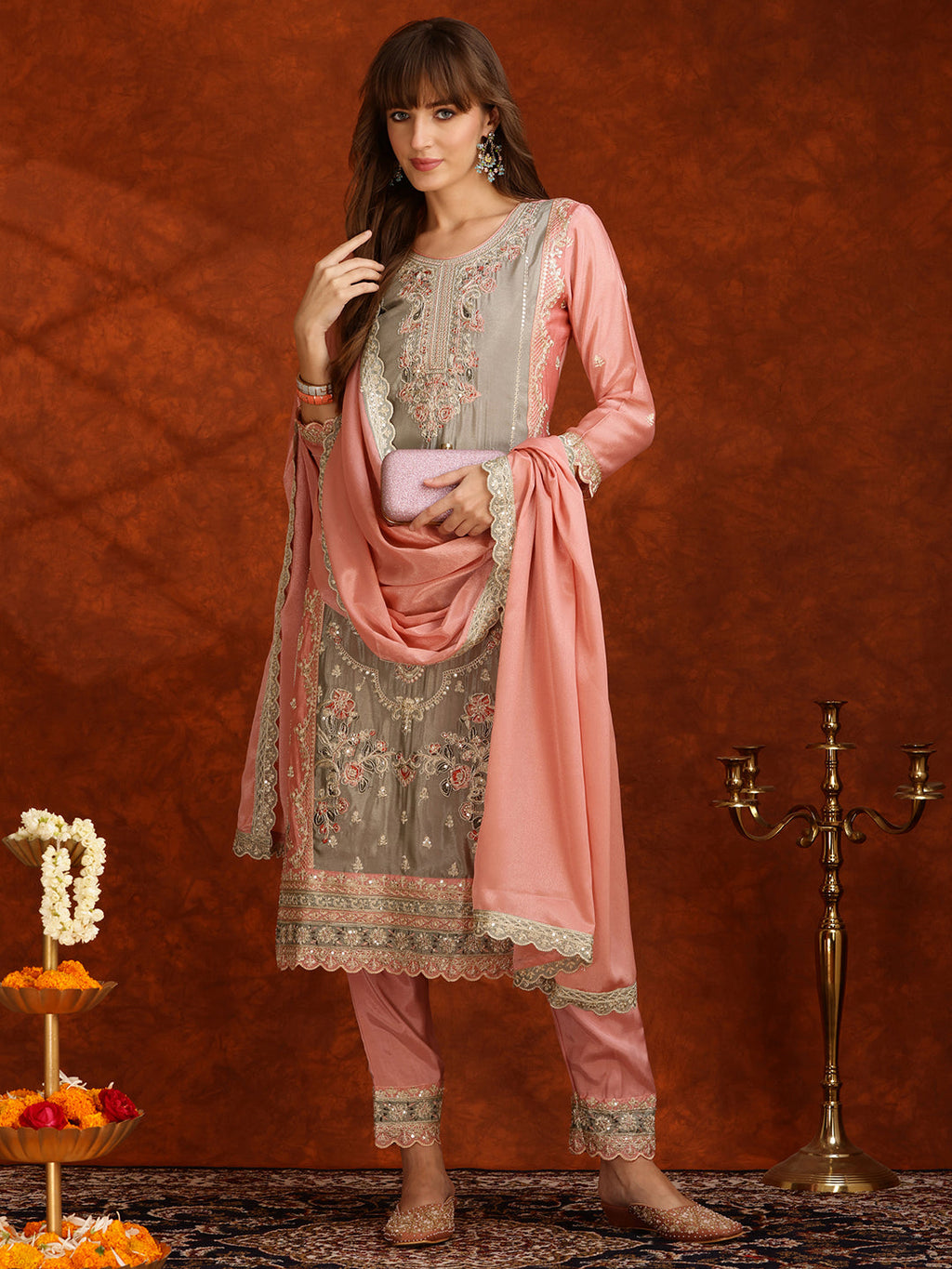 Pakistani Embroidered Kurta With Pant & Embroidered Dupatta, Pink - Hiral Fashion - Distacart