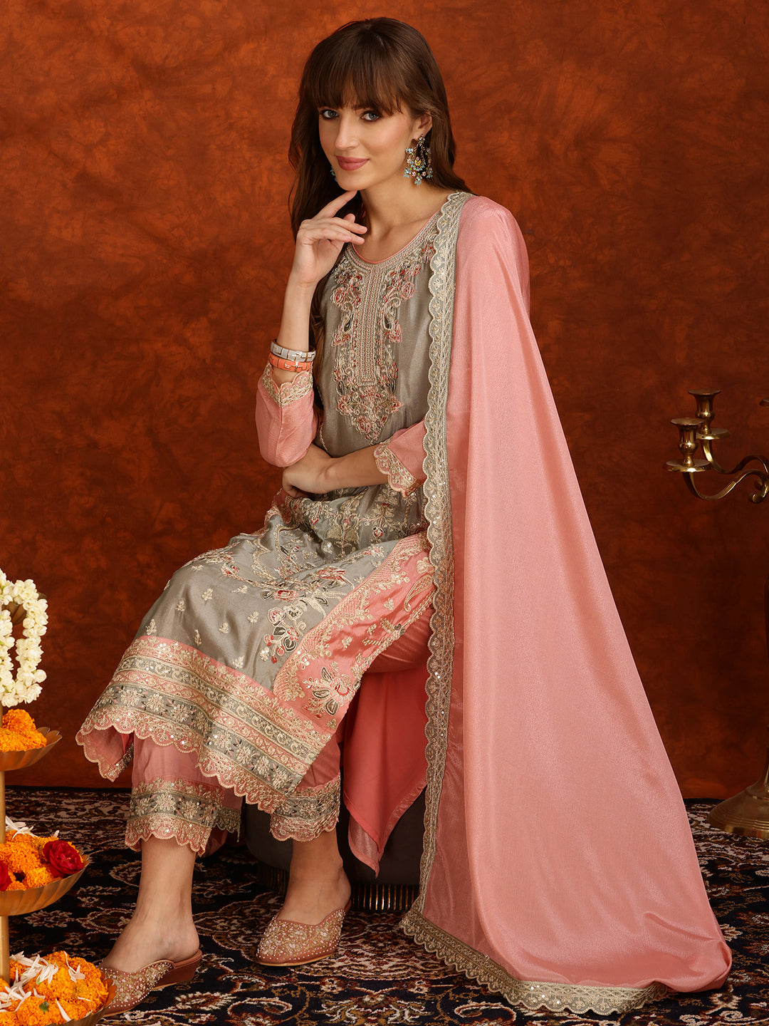 Pakistani Embroidered Kurta With Pant & Embroidered Dupatta, Pink - Hiral Fashion - Distacart
