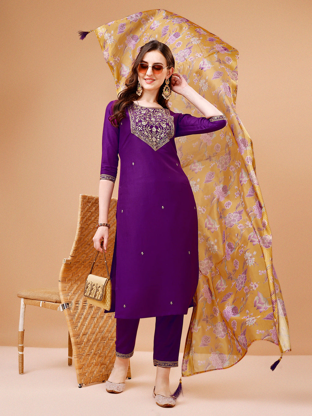 Embroidered Kurta With Pant & Printed Organza Dupatta Premium, Multicolor - Hiral Fashion - Distacart