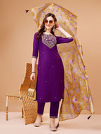 Embroidered Kurta With Pant & Printed Organza Dupatta Premium, Multicolor - Hiral Fashion - Distacart