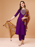 Embroidered Kurta With Pant & Printed Organza Dupatta Premium, Multicolor - Hiral Fashion - Distacart