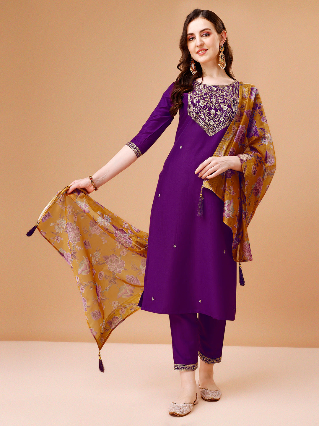 Embroidered Kurta With Pant & Printed Organza Dupatta Premium, Multicolor - Hiral Fashion - Distacart