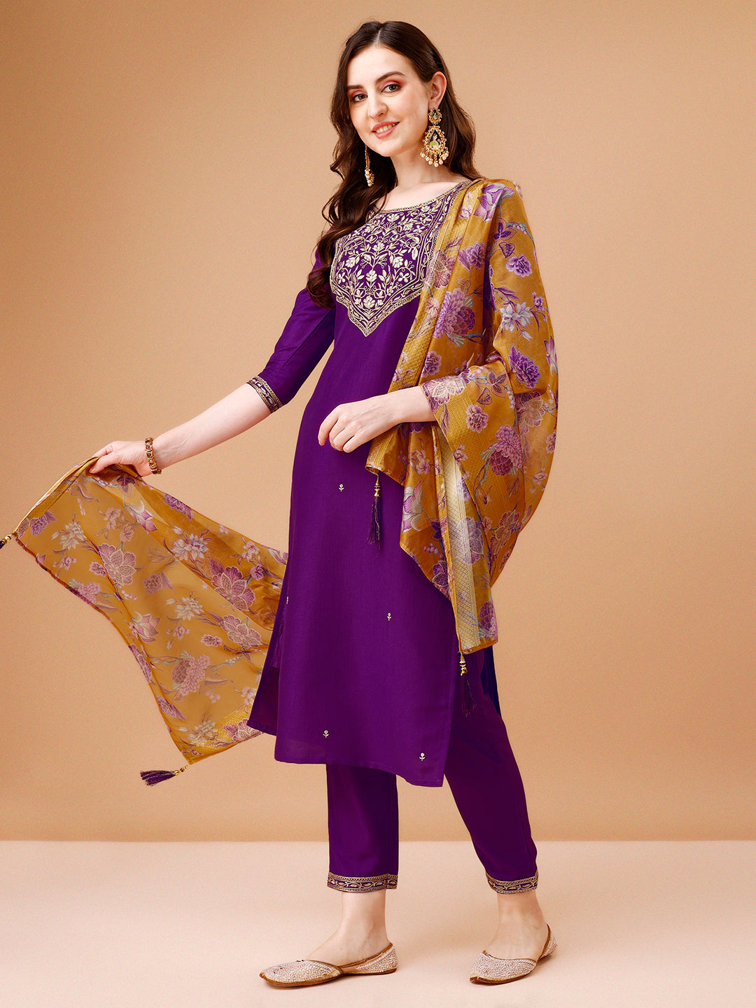 Embroidered Kurta With Pant & Printed Organza Dupatta Premium, Multicolor - Hiral Fashion - Distacart