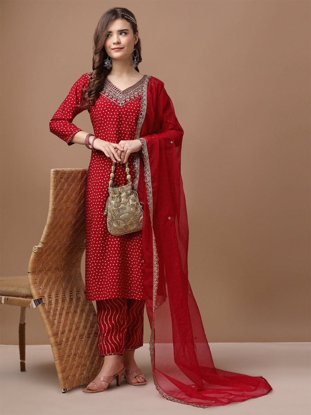 Embroidered & Bandhani Printed Kurta With Pant & Embroidered Dupatta Premium, Multicolor - Hiral Fashion