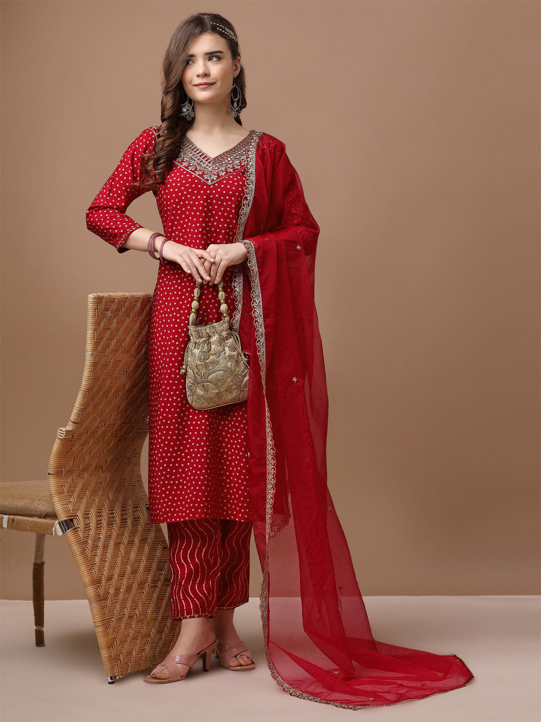 Embroidered & Bandhani Printed Kurta With Pant & Embroidered Dupatta Premium, Multicolor - Hiral Fashion