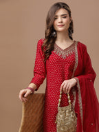 Embroidered & Bandhani Printed Kurta With Pant & Embroidered Dupatta Premium, Multicolor - Hiral Fashion