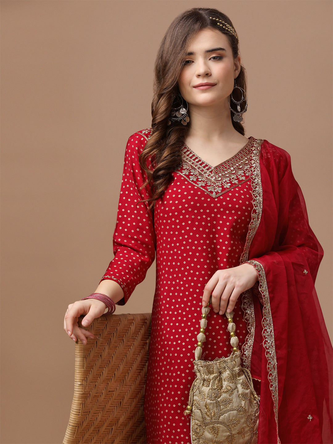 Embroidered & Bandhani Printed Kurta With Pant & Embroidered Dupatta Premium, Multicolor - Hiral Fashion
