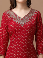 Embroidered & Bandhani Printed Kurta With Pant & Embroidered Dupatta Premium, Multicolor - Hiral Fashion