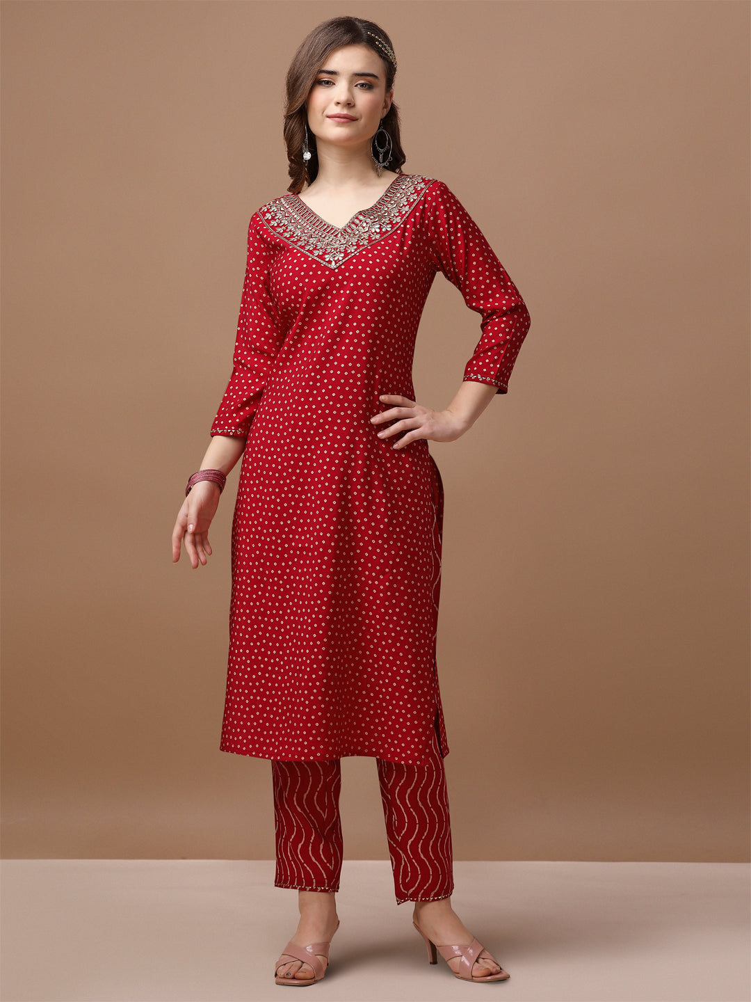 Embroidered & Bandhani Printed Kurta With Pant & Embroidered Dupatta Premium, Multicolor - Hiral Fashion