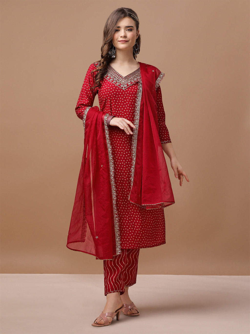 Embroidered & Bandhani Printed Kurta With Pant & Embroidered Dupatta Premium, Multicolor - Hiral Fashion