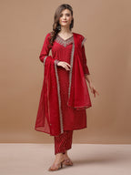 Embroidered & Bandhani Printed Kurta With Pant & Embroidered Dupatta Premium, Multicolor - Hiral Fashion