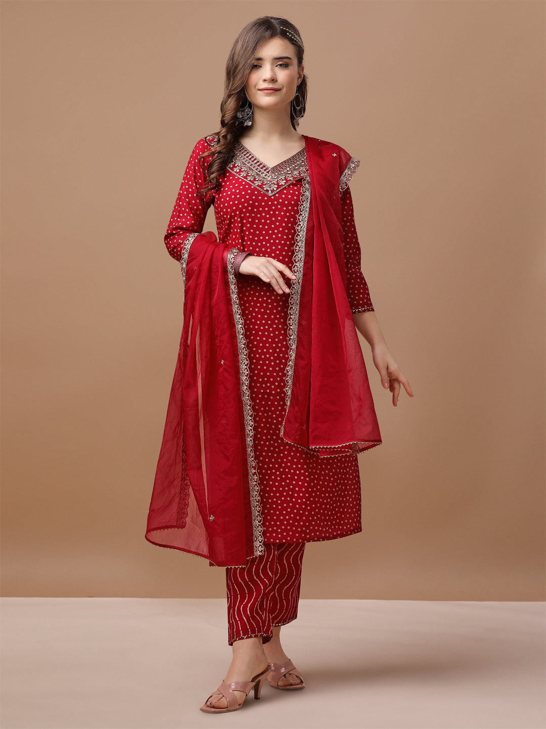 Embroidered & Bandhani Printed Kurta With Pant & Embroidered Dupatta Premium, Multicolor - Hiral Fashion