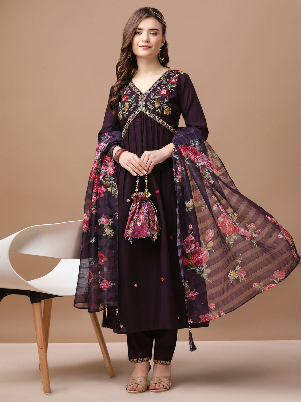 Alia Cut Hand Embroidered Kurta With Pant & Dupatta Premium, Multicolor - Hiral Fashion - Distacart