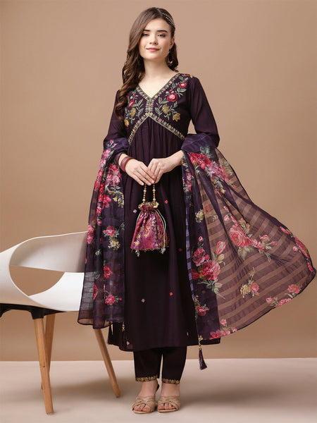 Alia Cut Hand Embroidered Kurta With Pant & Dupatta Premium, Multicolor - Hiral Fashion